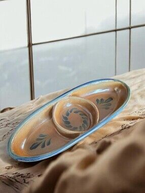ROWE POTTERY WORKS Divided Relish Tray Salt Glazed Oval Serving Dish.